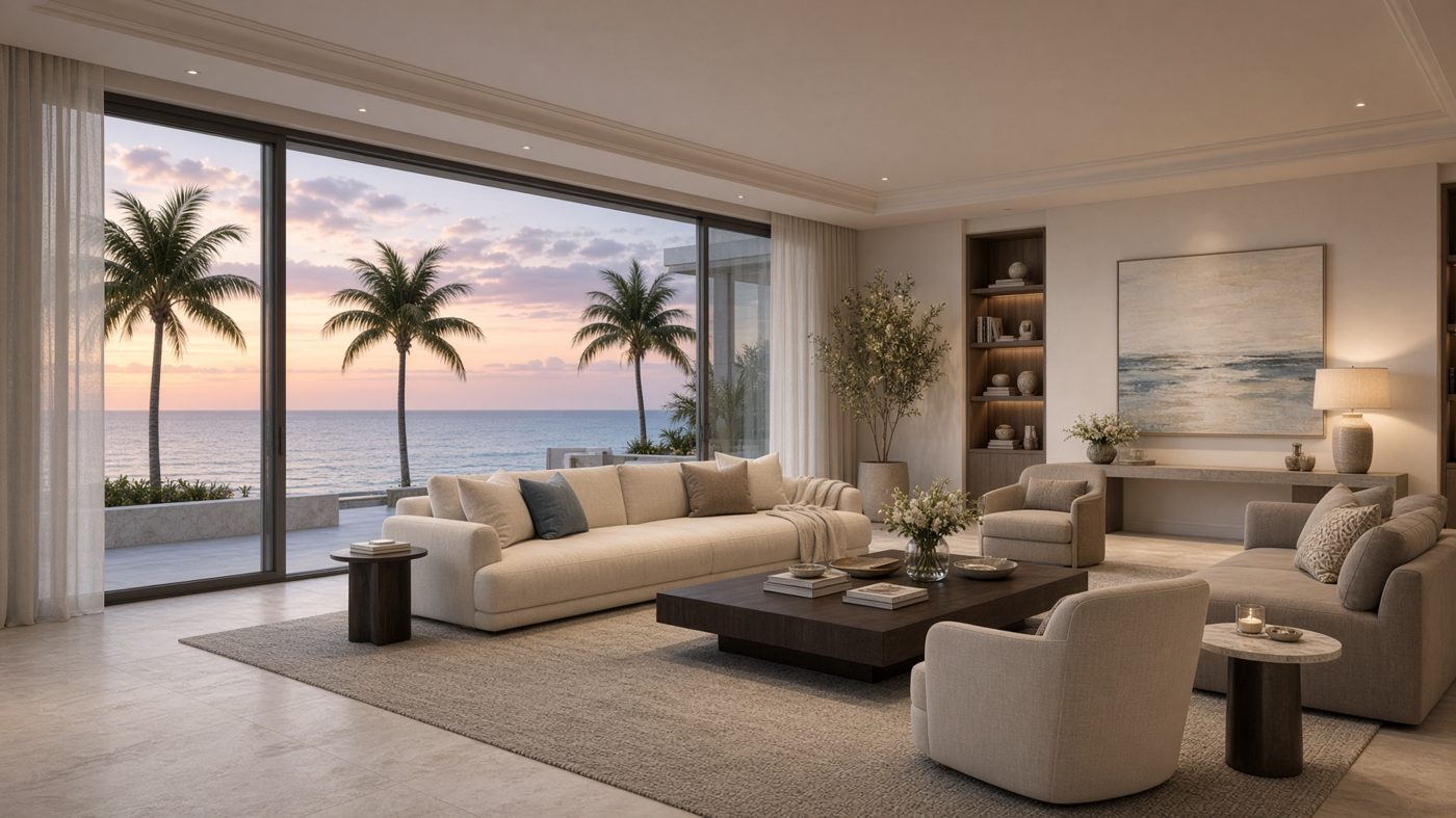 Oceanfront living room at sunset