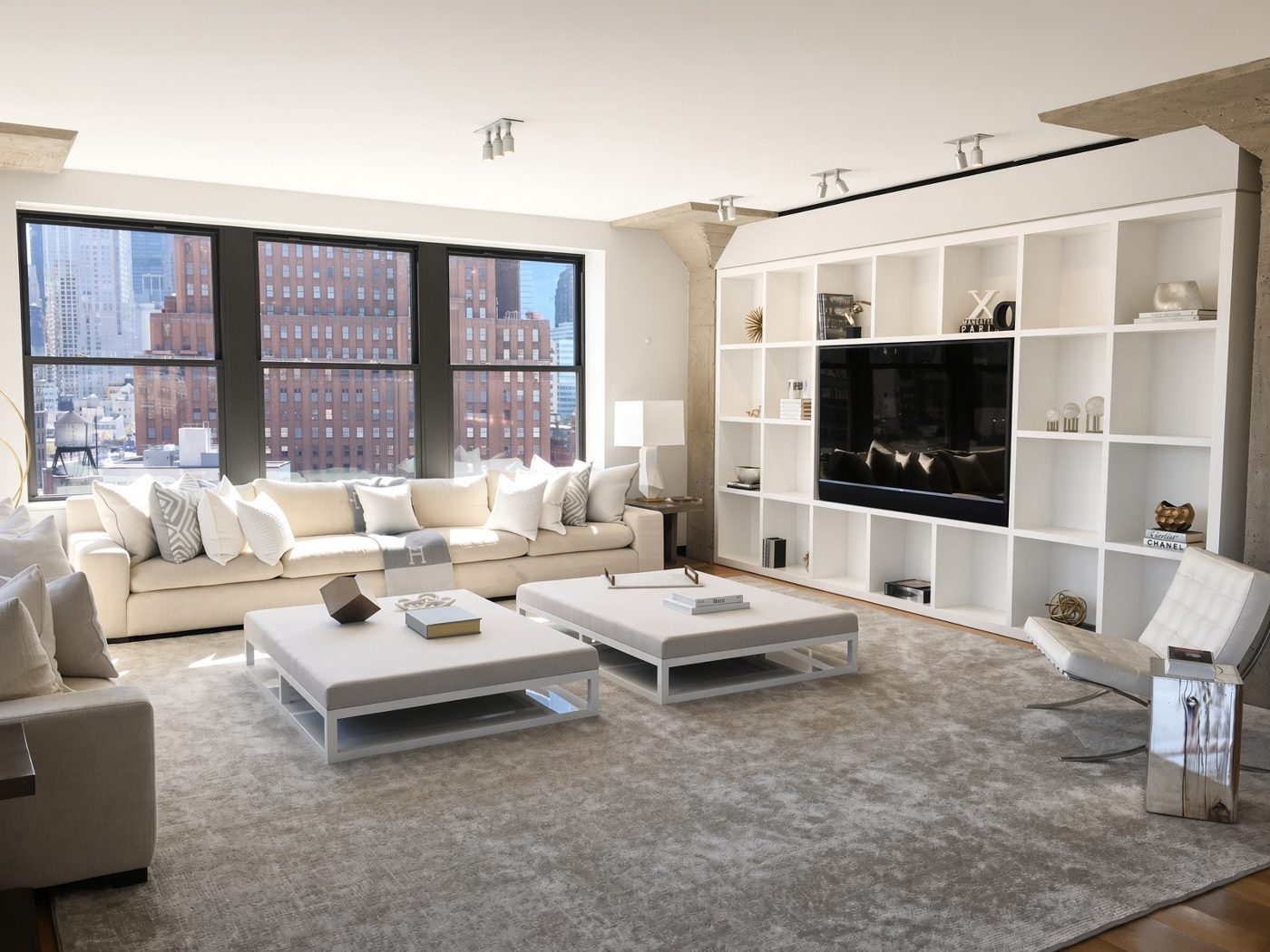 Manhattan loft with integrated media wall and skyline view