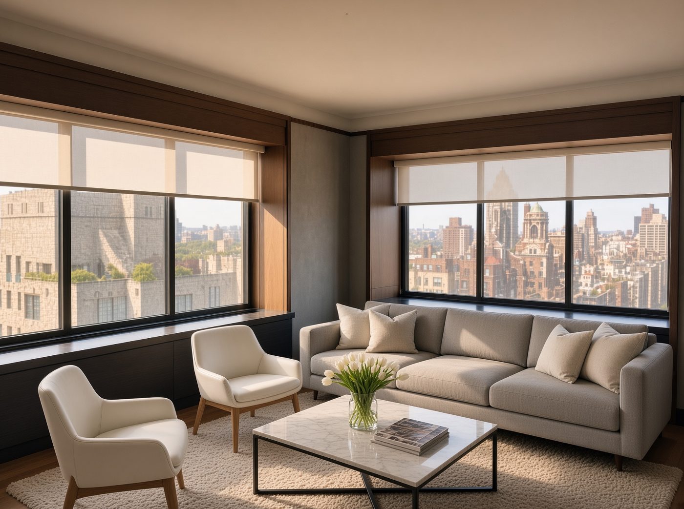 Park Avenue residence living room with Manhattan skyline view